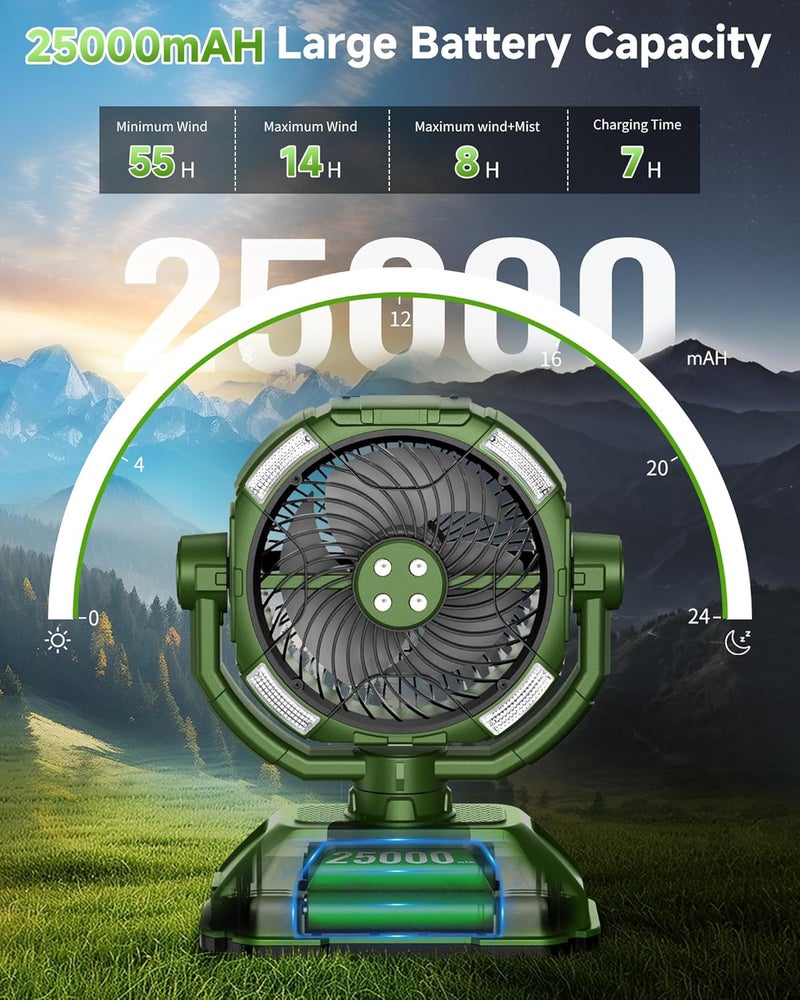 Kocyare Misting fan with 7L bucket 90°Oscillating ,4 Spray Mister 25000mAh Rechargeable Camping fan with Remote Control Stepless Speed and Timer for Patios/Camping，Waterproof Design Outdoor Fans (Green) - Image 4